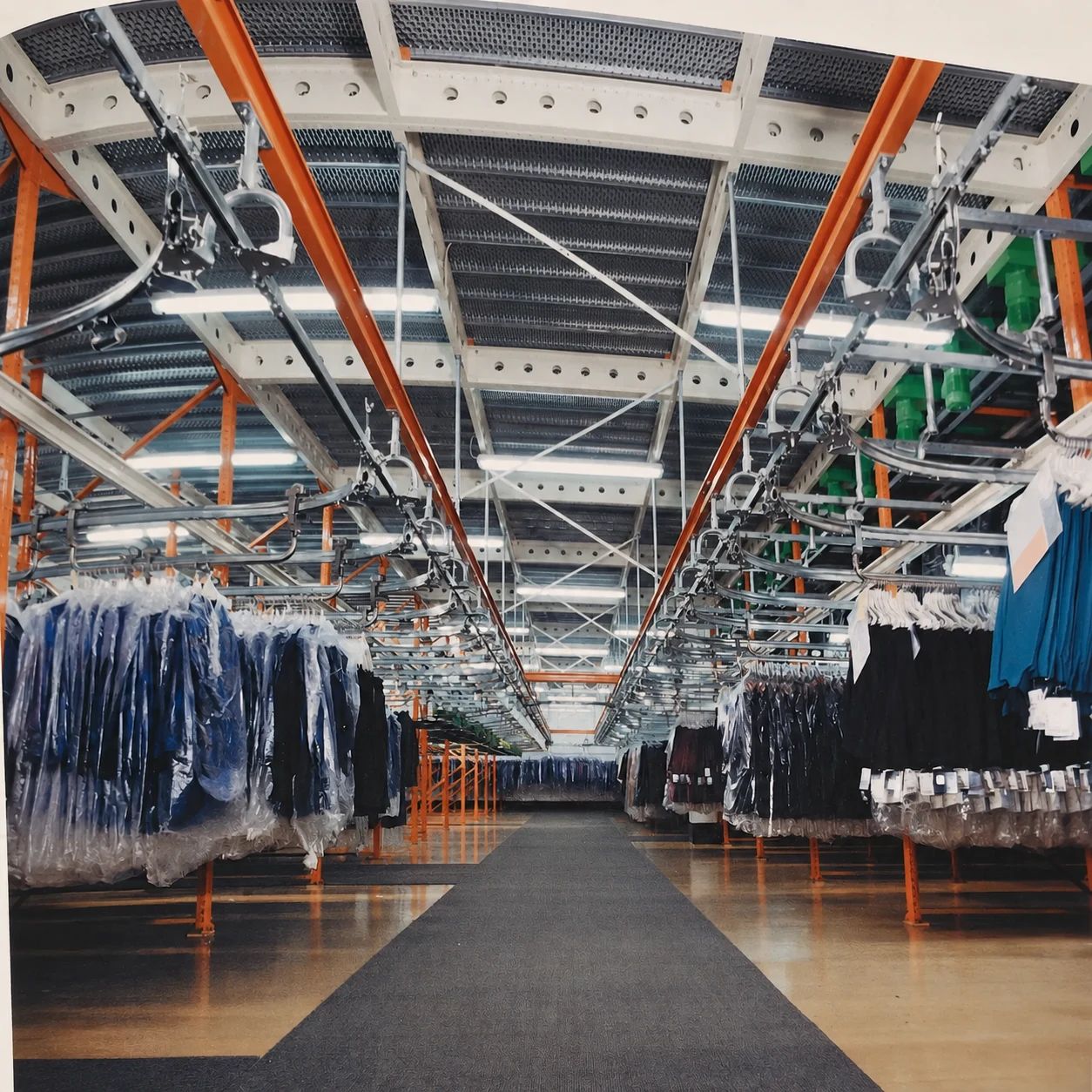 Historische Trollyanlage mit Schienenreihen und hängender Bekleidung in einer Produktionshalle.